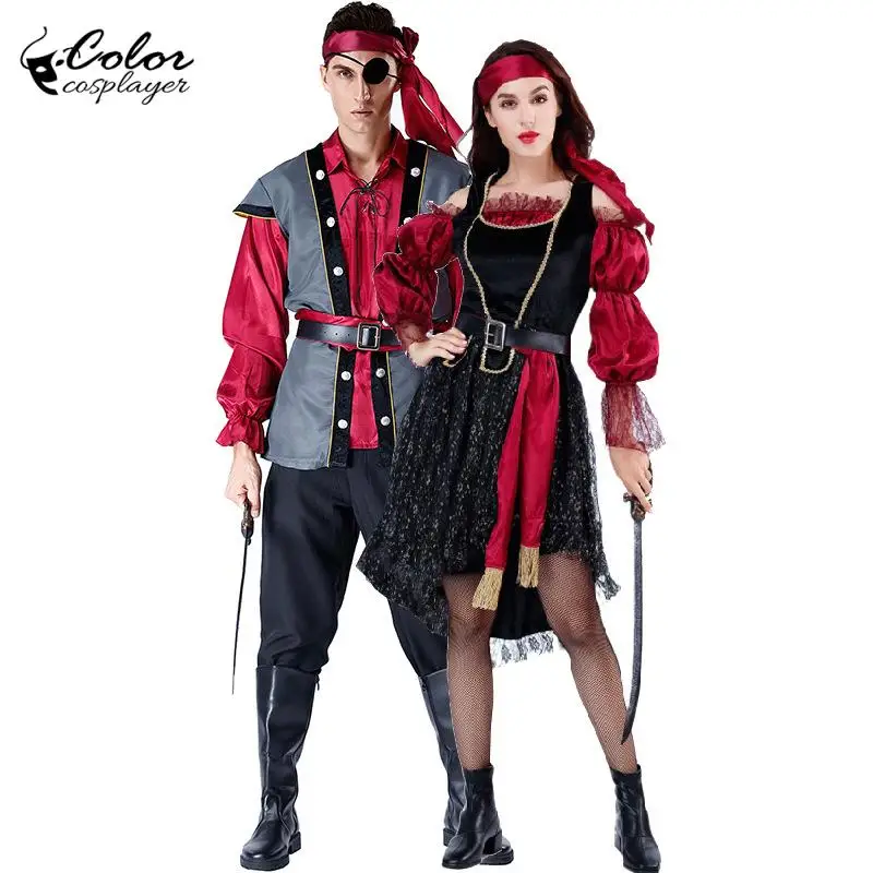 

Color Cosplay Couple Pirate Costume Captain Cosplay Costume Carnival Vintage Set Medieval Dress Women Party Ball Outfit Purim