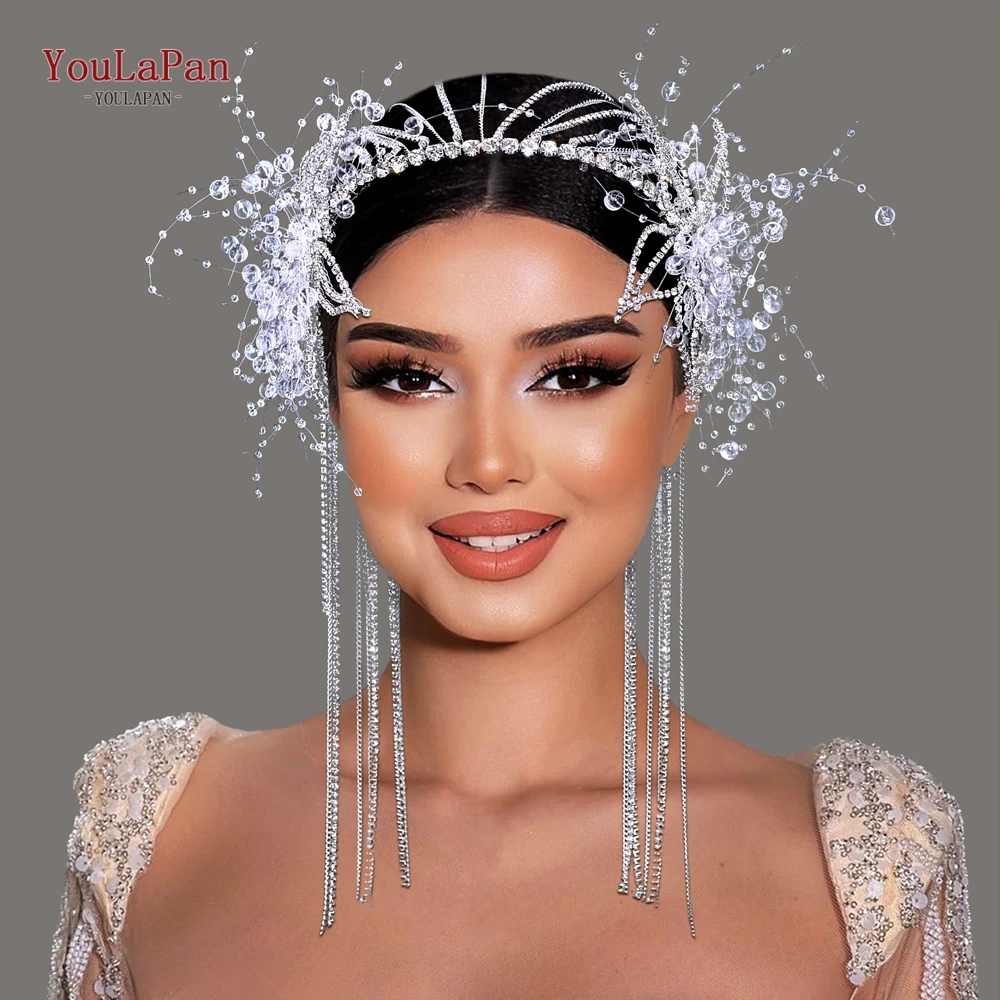 YouLaPan luxurious Long Tassel Wedding Headband Handmade Rhinestone Flower Bride Headwear Customized Hair Accessories HP750