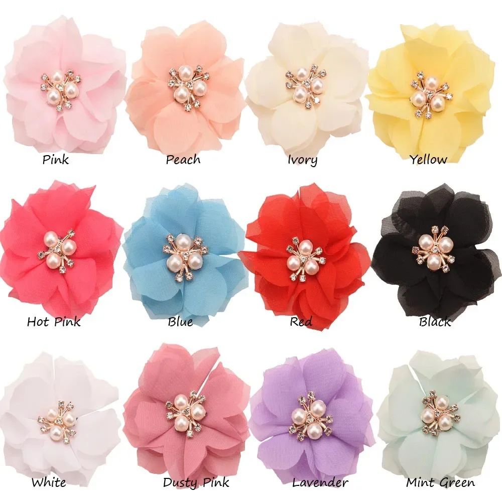 6cm Chiffon Right Angle Flower Drill Flower Core Three Pearl Rhinocaster Bougainvillea Handmade Flower Fashion Hair Accessories