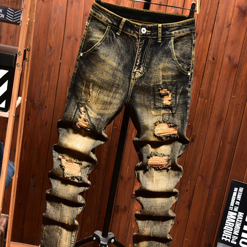 Retro Make Old Ripped Jeans Men's Stretch Yellow Mud Color Nostalgic Trendy Patch Slim-Fitting Ankle-Tied Motorcycle Trousers