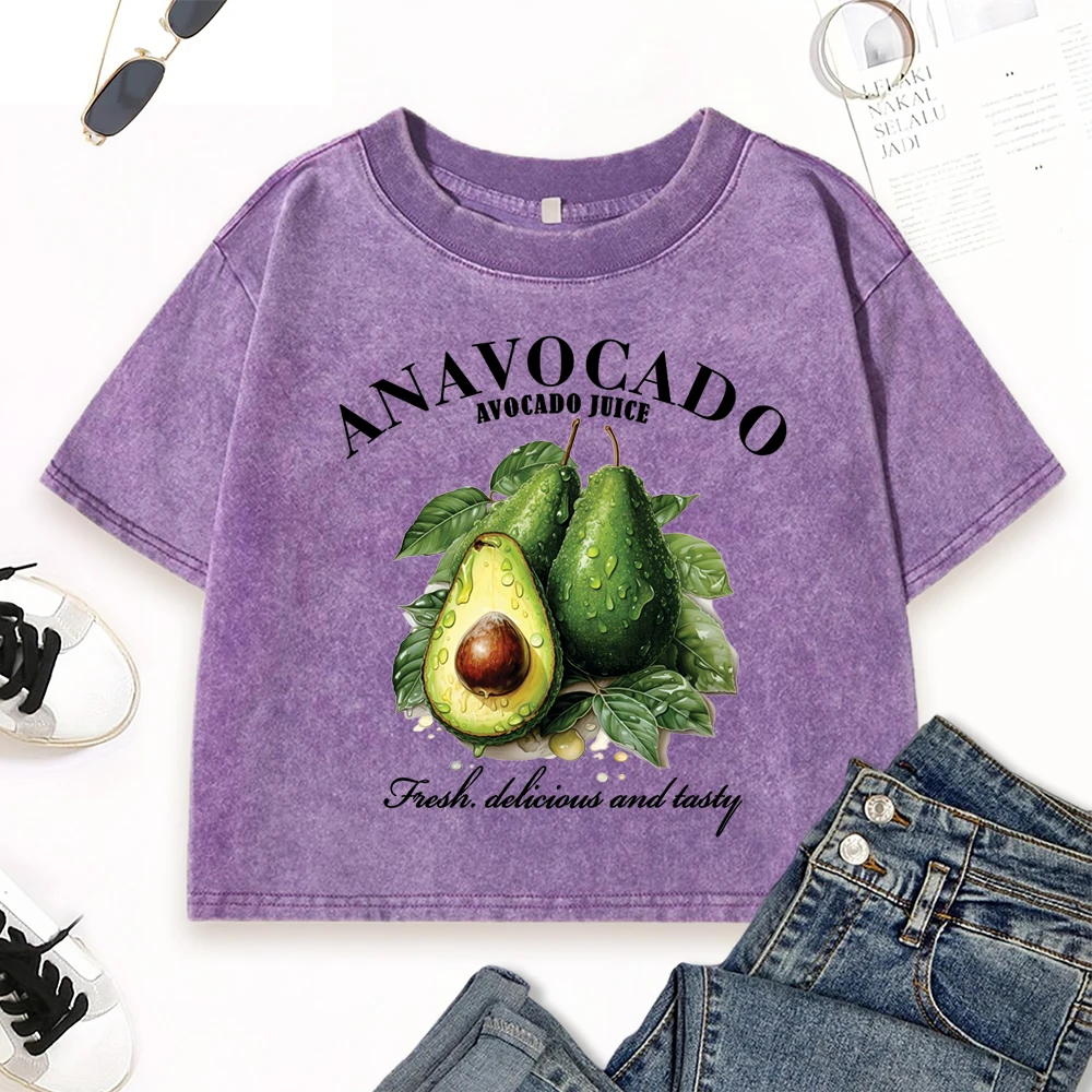 

An Avocado Juice Fresh Delicious Tasty Prints Women Washed Crop Top Street Fitness Short Sleeve Cotton Summer T-Shirt Slim Tops