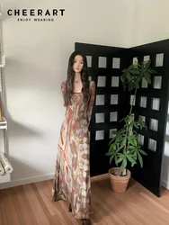 CHEERART Abstraction Print Brown Long Sleeve Mesh Long Dress Women Fall Clothes Tunics A Line Maxi Dress Korean Fashion