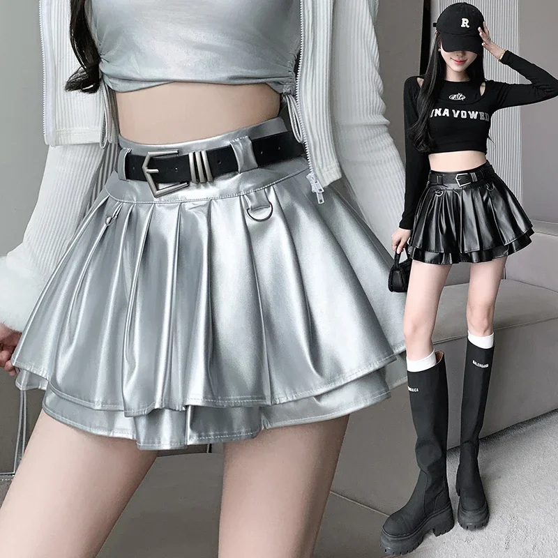 2024 Herfst Cool Zilver Pu Leren Mini Rok Vrouwen Riem Hoge Taille Geplooide Rokken Met Korte Broek Streetwear Y 2K Jupe Femme