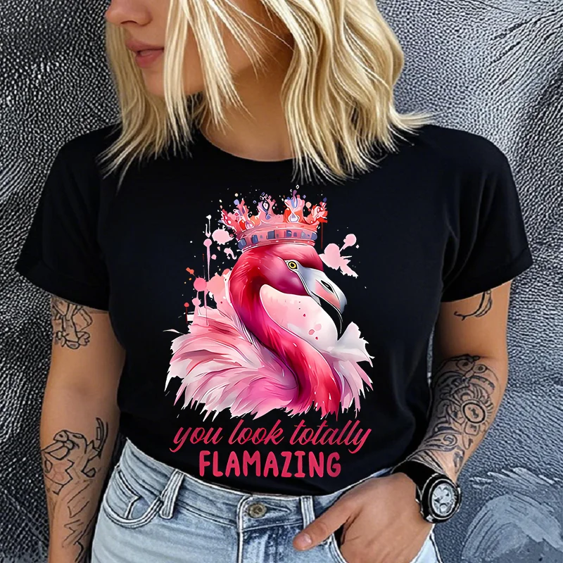 Cotton 100%  Pink Flamingo & Crown T-shirt - Casual Crew Neck Short Sleeve T-shirt, Knit Graphic Women Clothes Summer