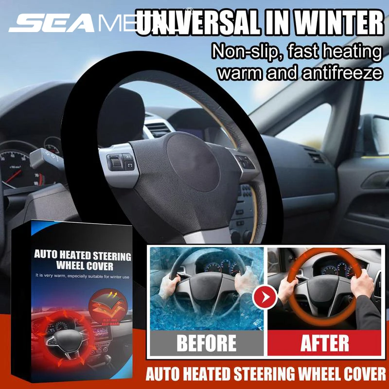 SEAMETAL 38cm Heating Steering Wheel for Car Universal DC 12V Warm Suede Heated Steer Wheel Protector Cover for Winter Anti Slip