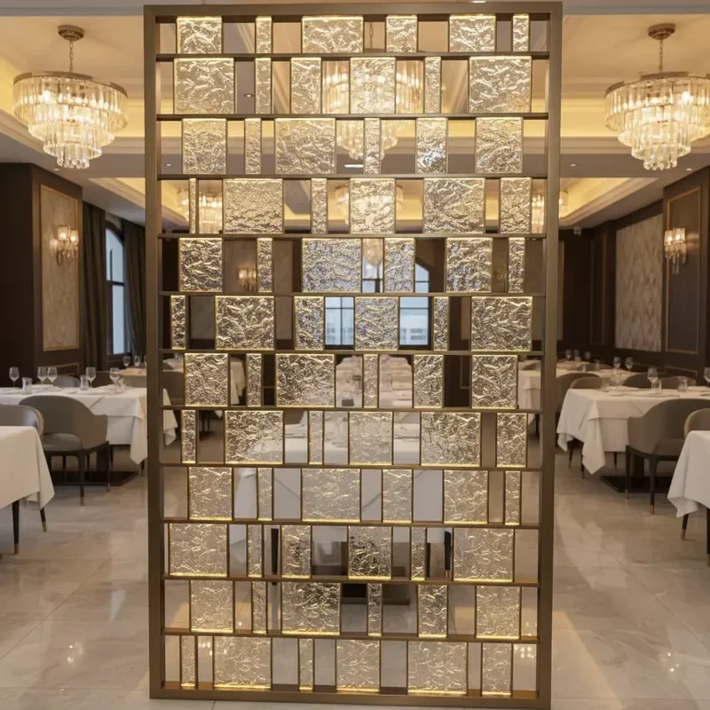 Modern Stainless Steel and Gold Panel Screen Partition Cut Soundproof Multifunctional Decorative Glass Room Dividers