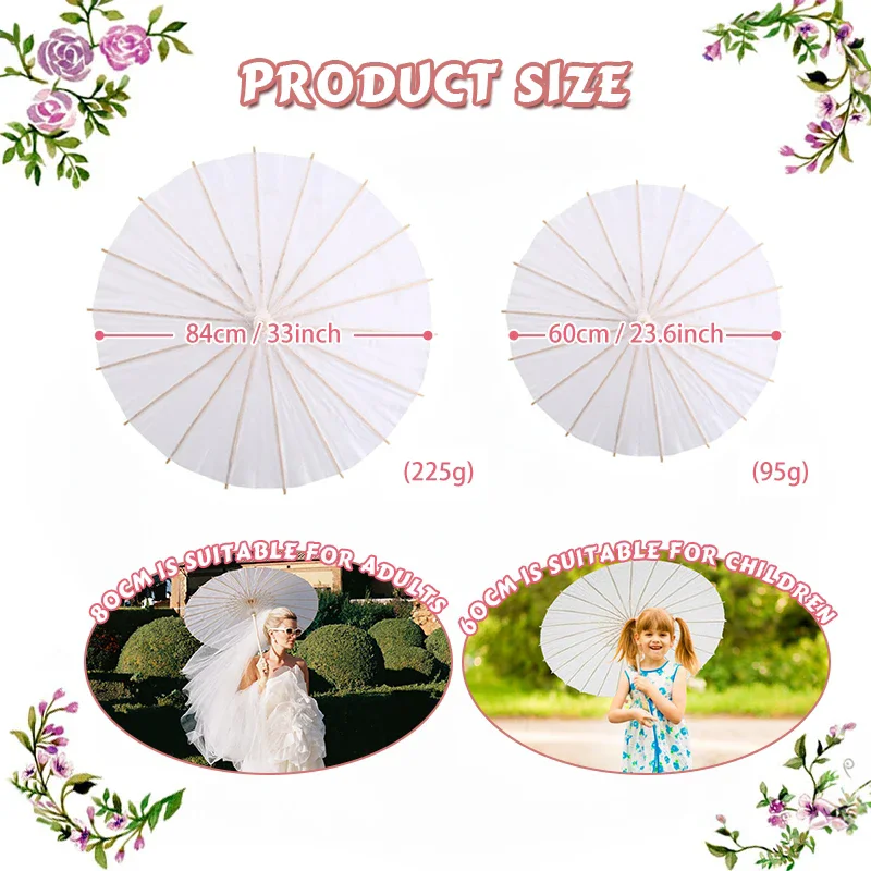 84/60CM White Paper Parasol Umbrella for Wedding, Party Favor DIY Bamboo Umbrellas, for Bridal Shower Centerpieces, Photo Props