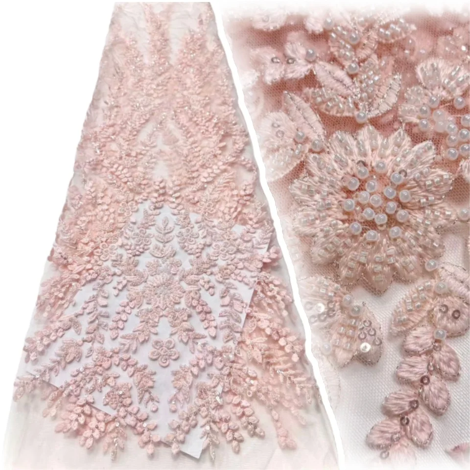 

Fashion French Flower Lace Fabric 2025 High Quality Nigerian African Beaded Embroidery Lace Fabric Ladies Dress Sewing AH1702