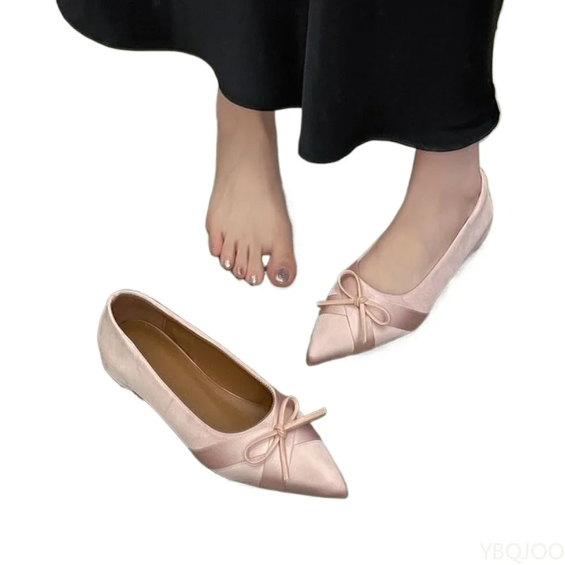 春秋の新作多用途でおしゃれなポインテッドハイヒールエレガントでシンプルなレディースシューズ蝶結び快適なローヒール