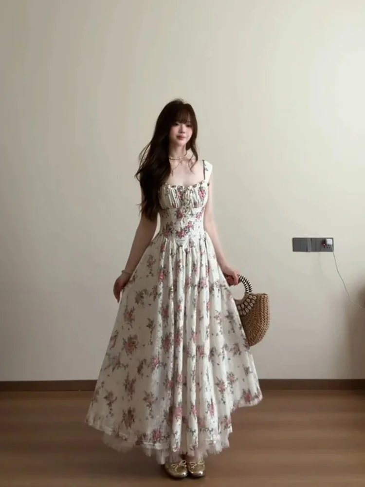 

Summer Floral Print Off-Shoulder Maxi Dress Women's High Waist Holiday Long Dress Country Style A-Line Gown without Sleeve