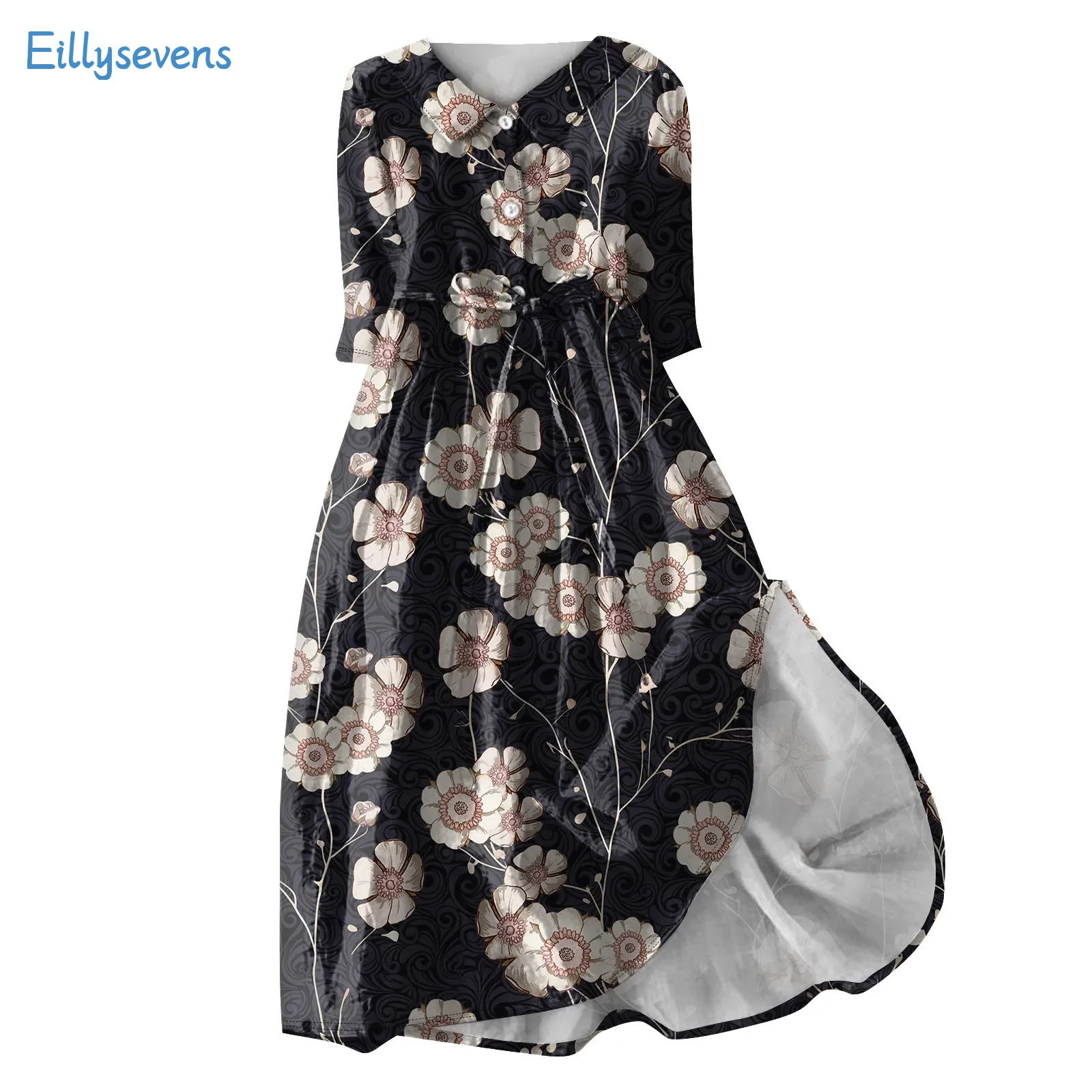 

Women'S 3/4 Sleeve Dresses Fashion Classic Retro Printed Flip Collar Button Up Dress High Waist Drawstring Lace-Up Flowy Dress
