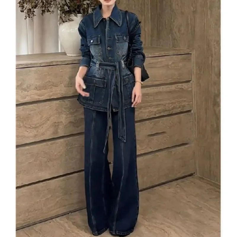 Retro large size denim tooling set women's autumn design sense multi-pocket jacket loose wide-leg pants two-piece set