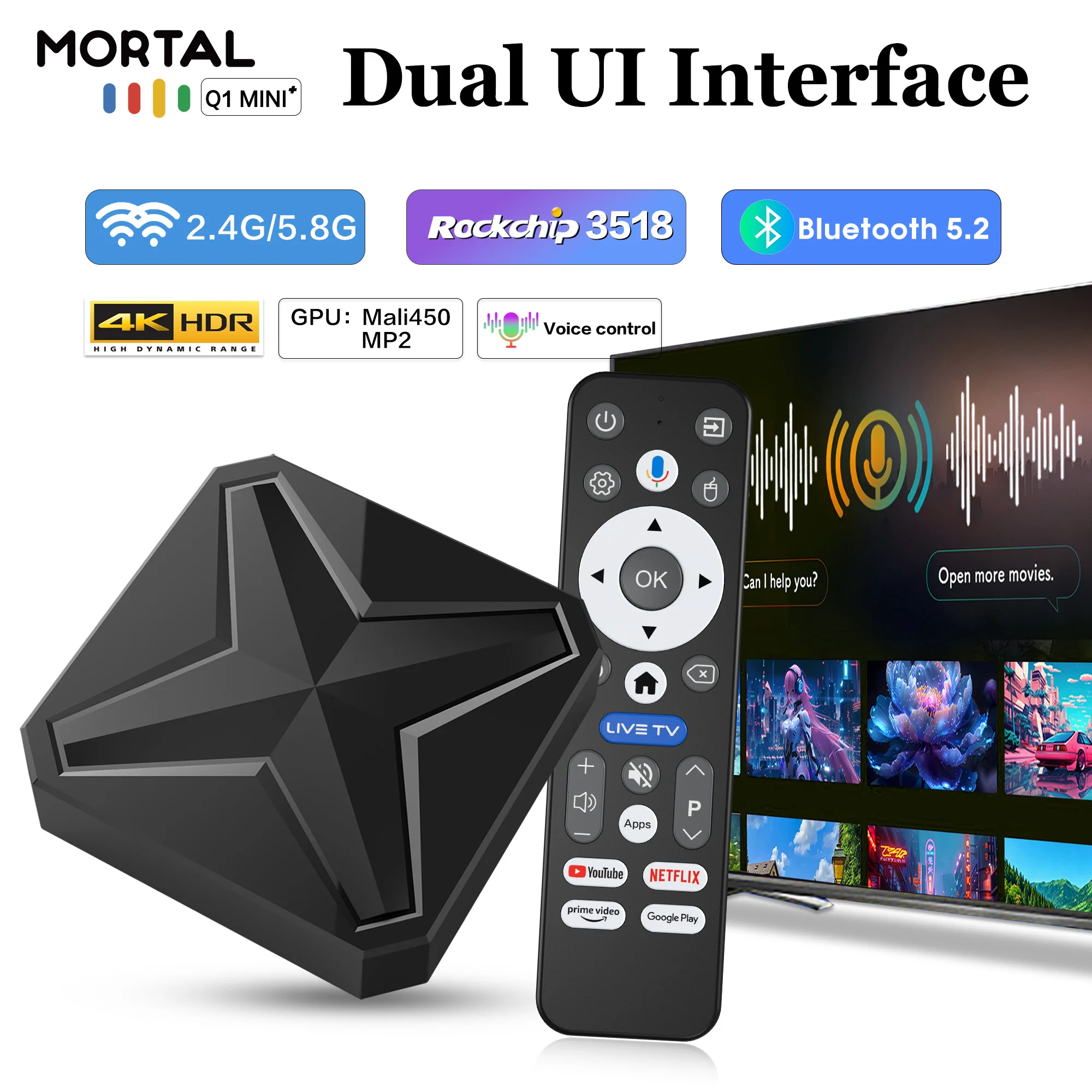 New Smart TV Box Q1MINI+ Dual UI Interface Android 14 RK 3518 Google Assistant HD 4K Video Media Player Set-Top-Box
