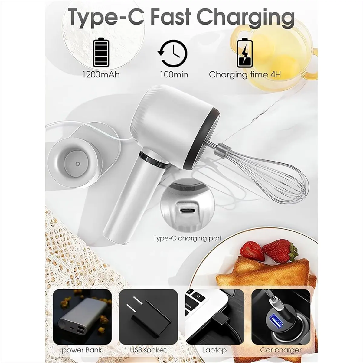 X10A Electric Hand Mixer,Wireless Portable Hand Whisk with Rechargeable 3 Speeds and 2 Whisk for Baking Whisk Milk Cream
