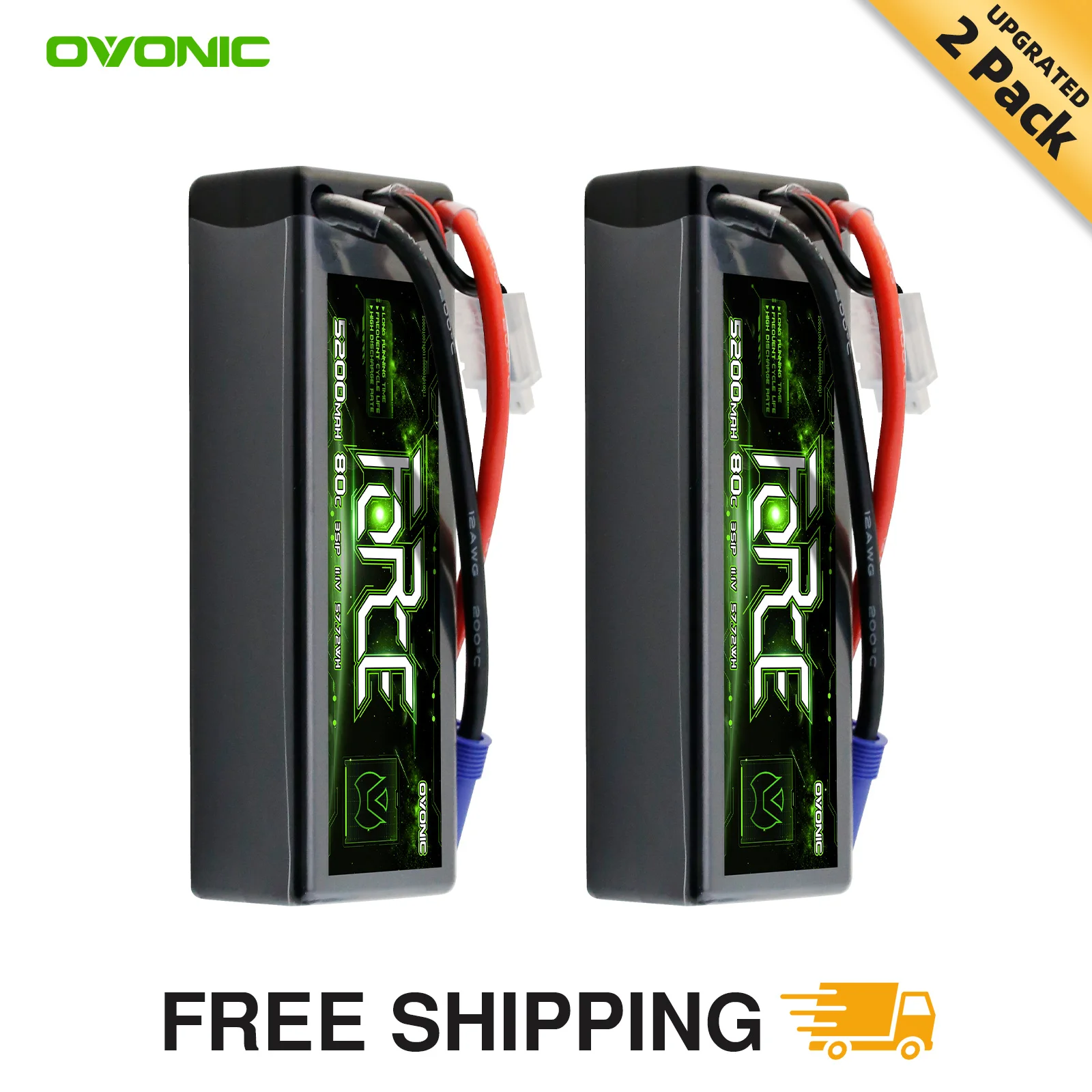 

Ovonic Rebel 80C 3S 5200mAh 11.1V Hardcase Lipo Battery EC5 For 1/10 1/8 1/7 RC truck Car(2packs)