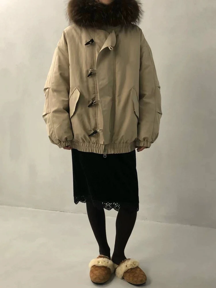 Retro Sle Women's down Jaet with Hood And Fur Collar Loose Fit ort Coat Button Closure Warmth Thi Du down Filling