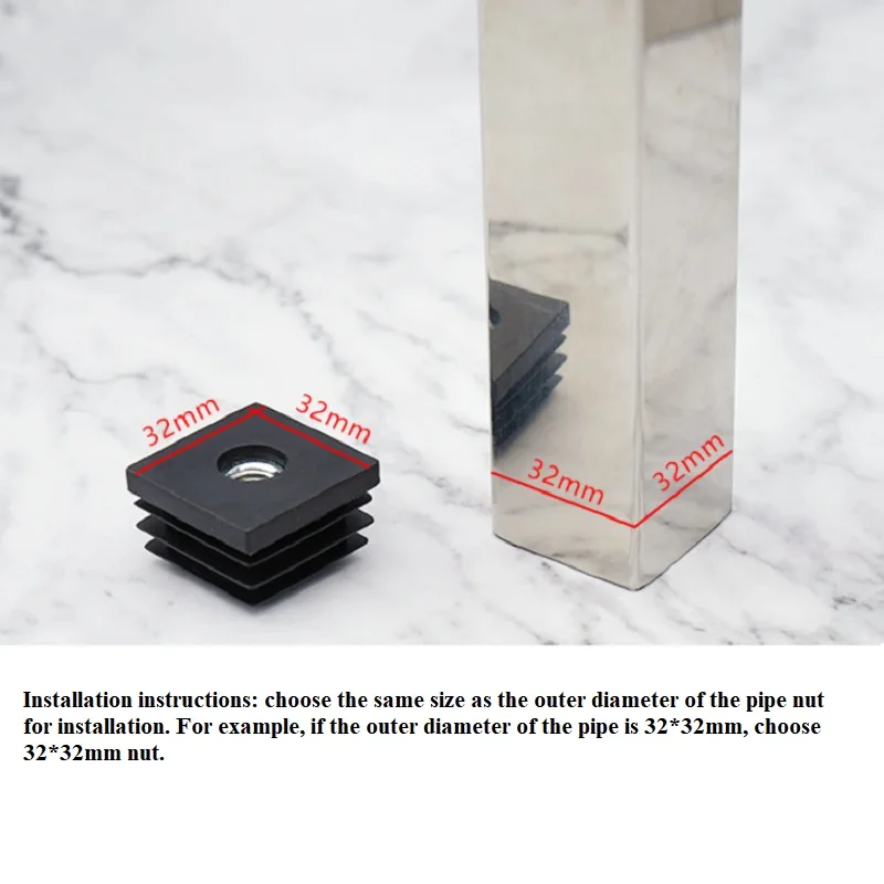 Black Plastic Square Adjustable Leveling Feet 15‑50mm, Pipe Inner Insert Table Chair Support Pad M6 M8 M10 Hardware