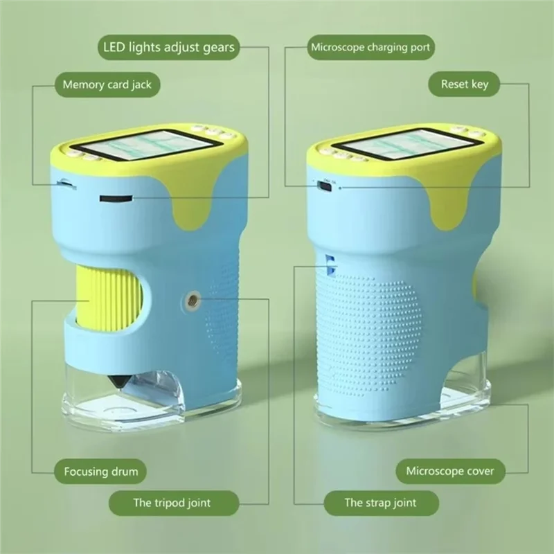 Microscópio 1000X para crianças, mini microscópio infantil portátil de bolso com tela de 2,0 polegadas e kit de slides, mini microscópio infantil