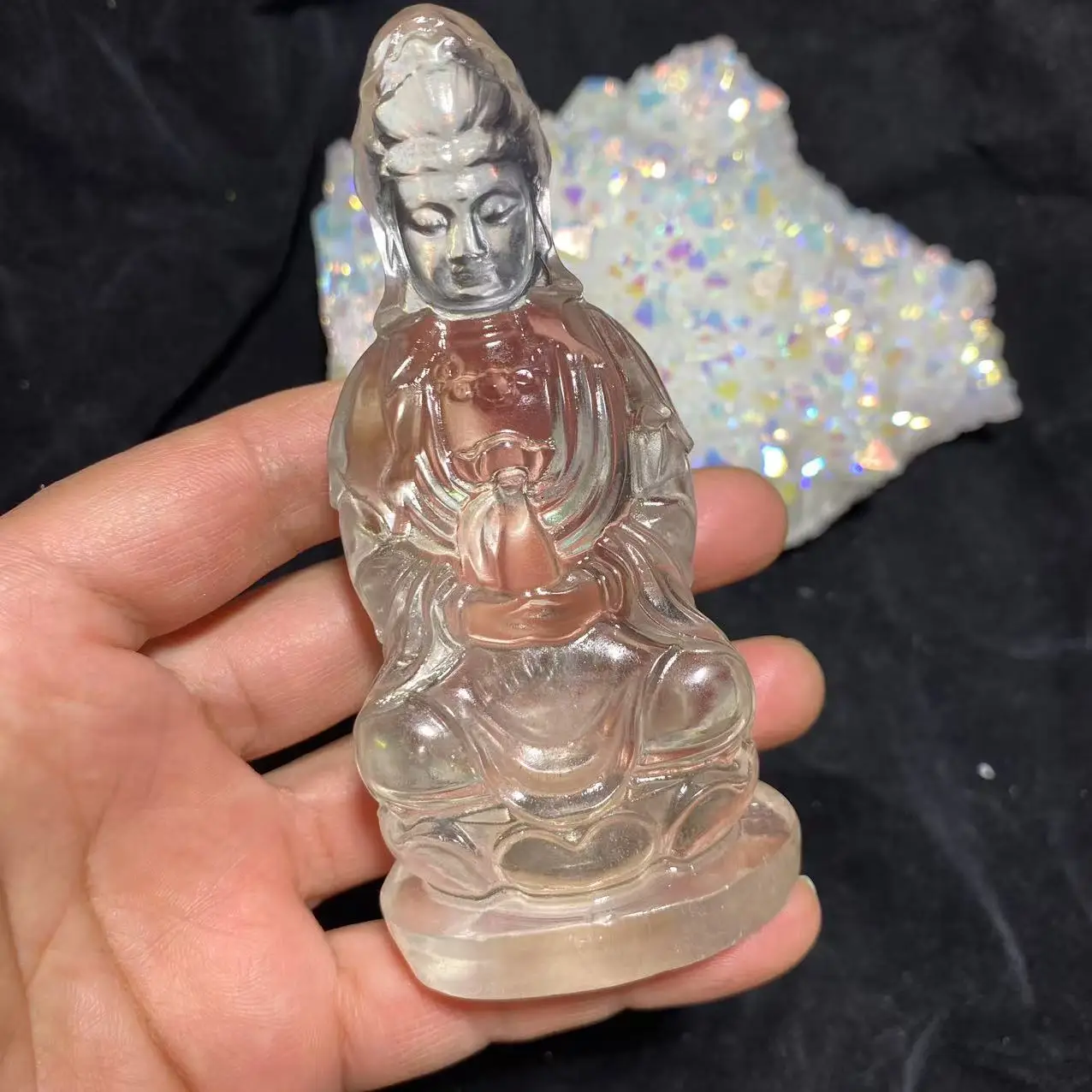 

Hand Carved 10 to 11cm Natural Clear Smokey Quartz Crystal Guanyin Carving Fengshui Ornament For Home Decor