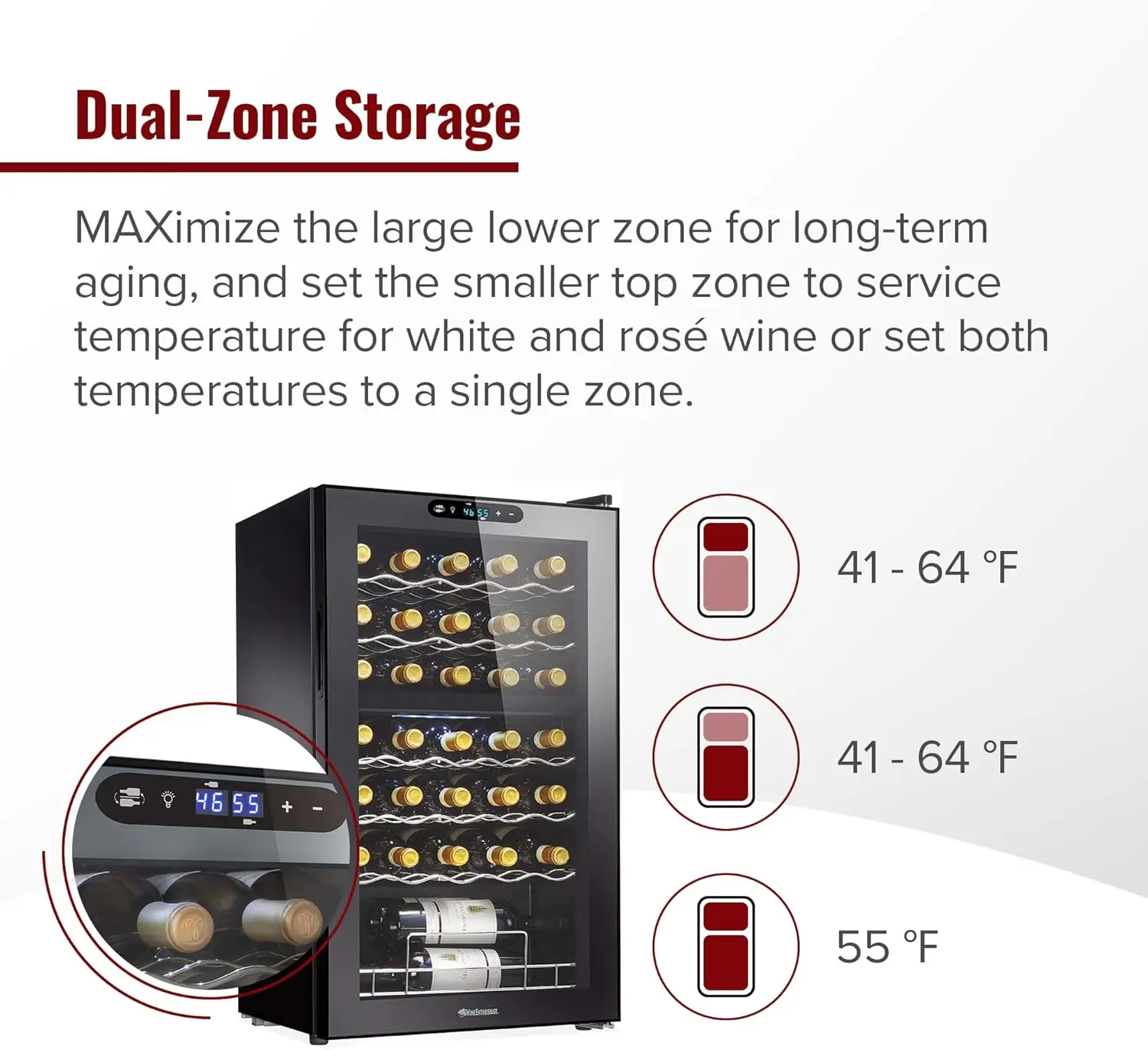 Enfriador de vino con compresor MAX de doble zona para 32 botellas, refrigerador independiente con almacenamiento y temperatura divididas, excavación