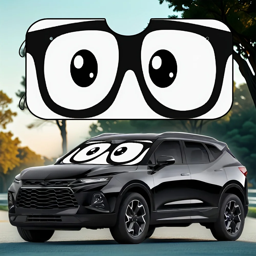 

1pc Foldable Cartoon Eyes UV Protection Sunshade - Heat Blocking Car Windshield Cover With 4 Suction Cups, Reflective Surface Fo