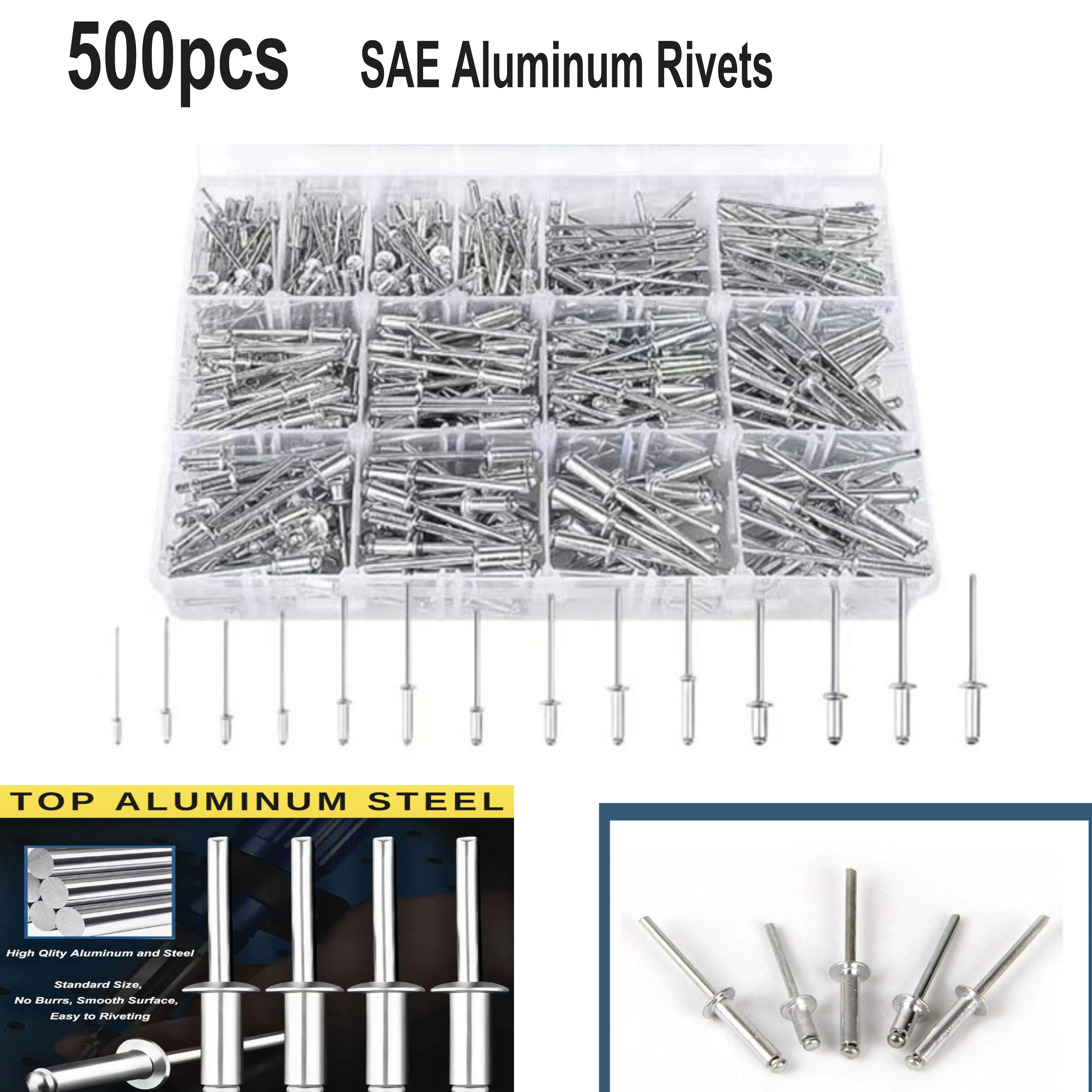 

500Pcs Aluminum Blind Rivets Assortment Kit 3/32" 1/8" 5/32" 3/16" Core Pulling Rivet Set Repair Tool Parts Hardware Fastener