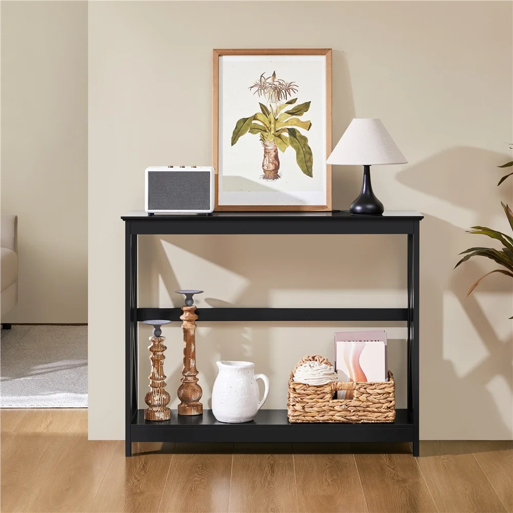 

2 Tier Narrow Wood Console Table for Entryway, X-Design Sofa Table with Storage Shelf for Living Room, Entryway