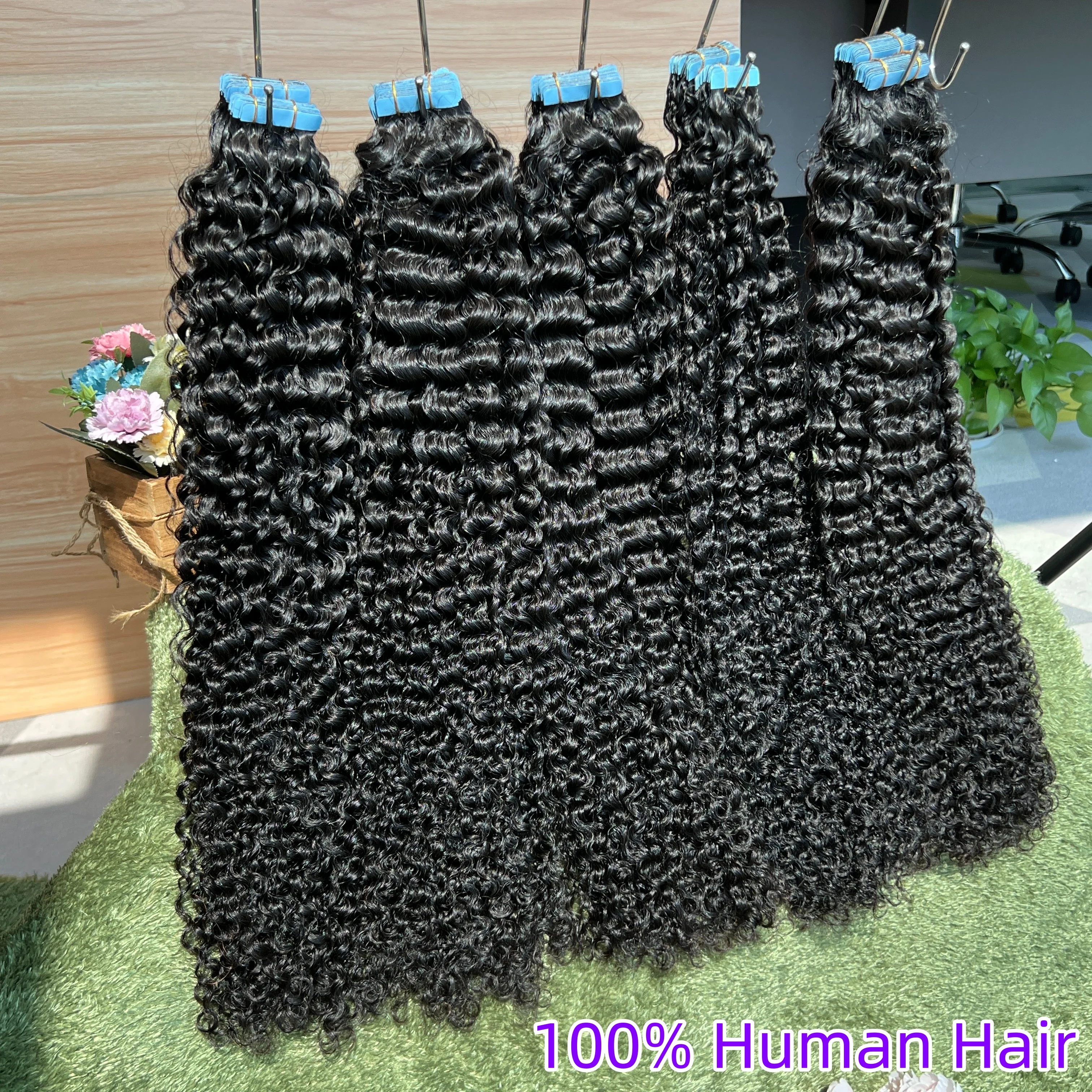 Deep Wave Tape in Hair Extensions Human Hair Brazilian 100% PU Adhesive Curly Tape in Extensions Human Hair Natural 4x0.8cm 100G