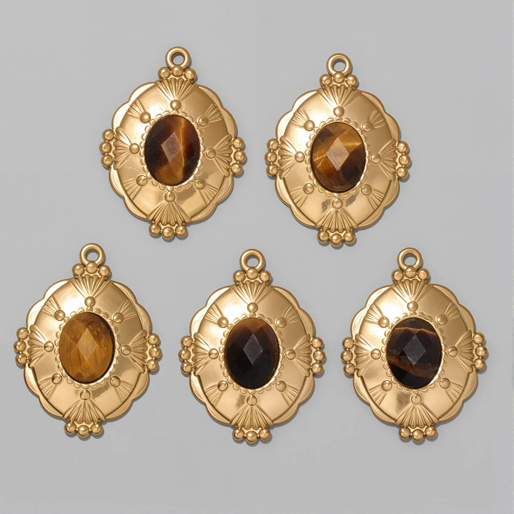 

5PCS Vintage Oval Shape Charms Inlaid With Natural Tiger Eye Malachite Stone Pendant For Jewelry Making DIY Accessories 18x22MM