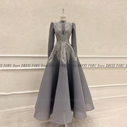 Vestido de noche musulmán elegante para mujer, vestido de lujo de manga larga con cuentas brillantes, apliques formales para fiesta de graduación y boda, línea A, 2023