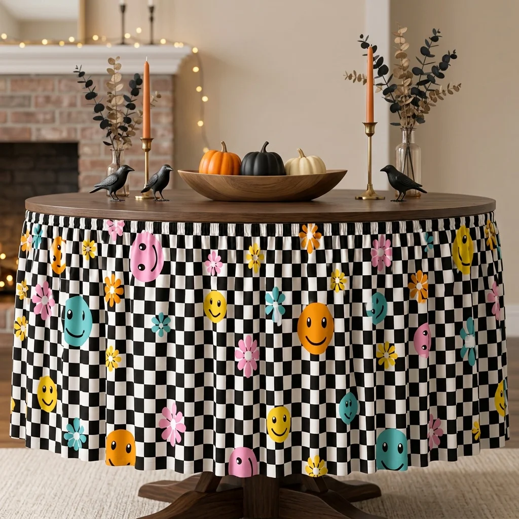 Para Halloween y Navidad: falda de mesa con diseño de tablero de ajedrez, una sola pieza, con motivos de caritas sonrientes y margaritas, incluye un diseño de tablero de ajedrez en blanco y negro.