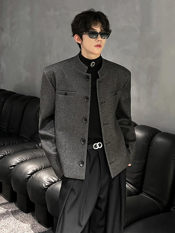 

Мужской шерстяной пиджак Tangz Studio с воротником-стойкой и дизайнерскими накладками на плечах в стиле Old Money, корейский повседневный шерстяной костюм