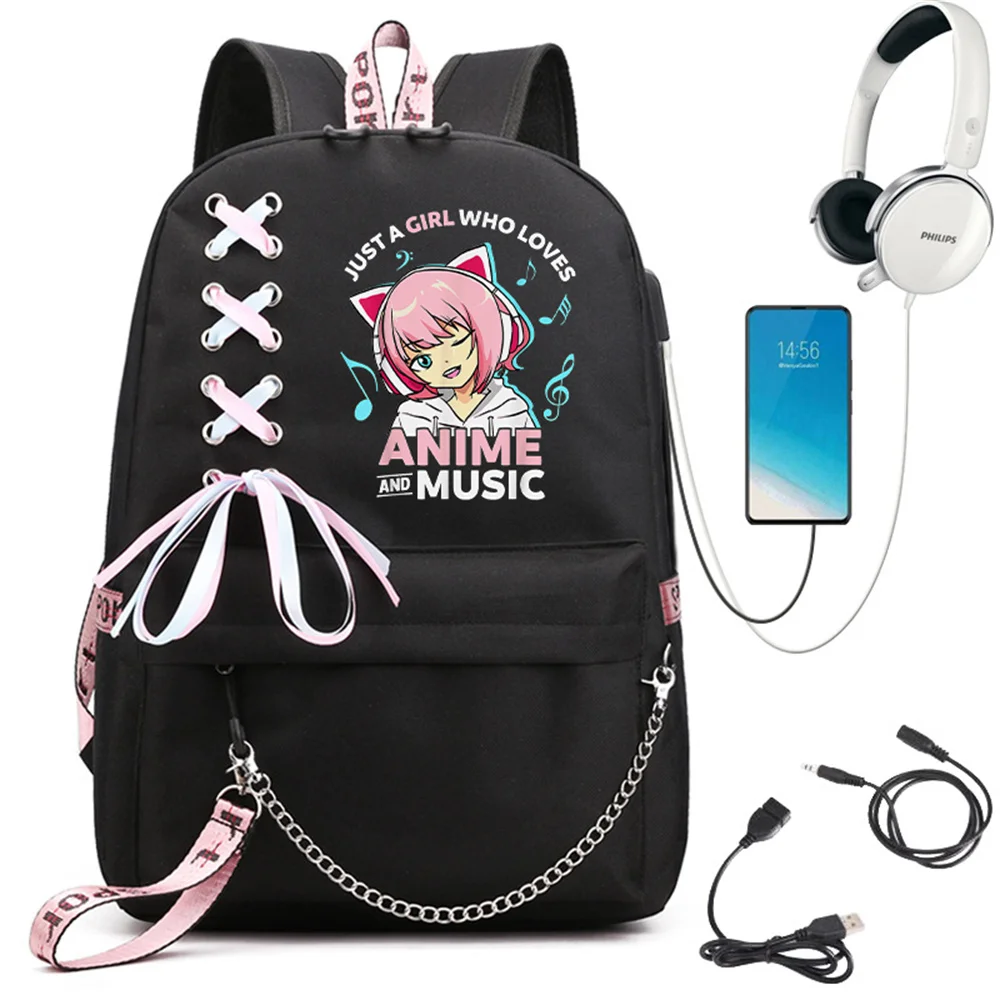 Kawaii Mochila Funny Just A Girl Who Loves Anime and Music Design School Backpack Bag for Women Girls Travel Backbag Mochilas