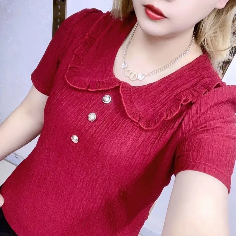 Peter Pan Collar Solid Color Pullover Button Summer Short Sleeve T-shirt Women\'s Clothing Casual Loose Summer All-match Tops