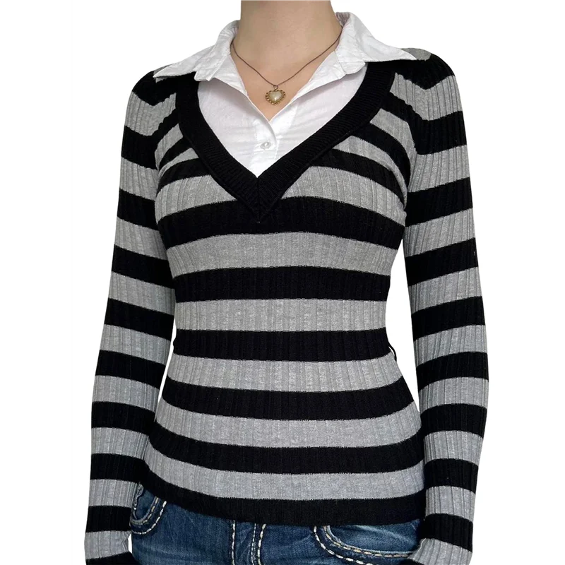 

ABRT-Aesthetic Vintage Striped Long Sleeve Shirts Casual Stripe Top Classic Harajuku Slim Tee Streetwer