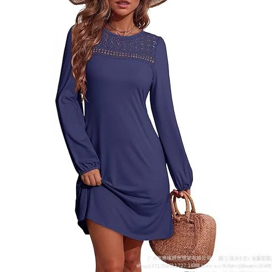 Y2K المرأة جولة الرقبة بلون المرقعة الدانتيل مخرمة عارضة فستان بكم طويل الخريف/الشتاء فستان فضفاض صالح