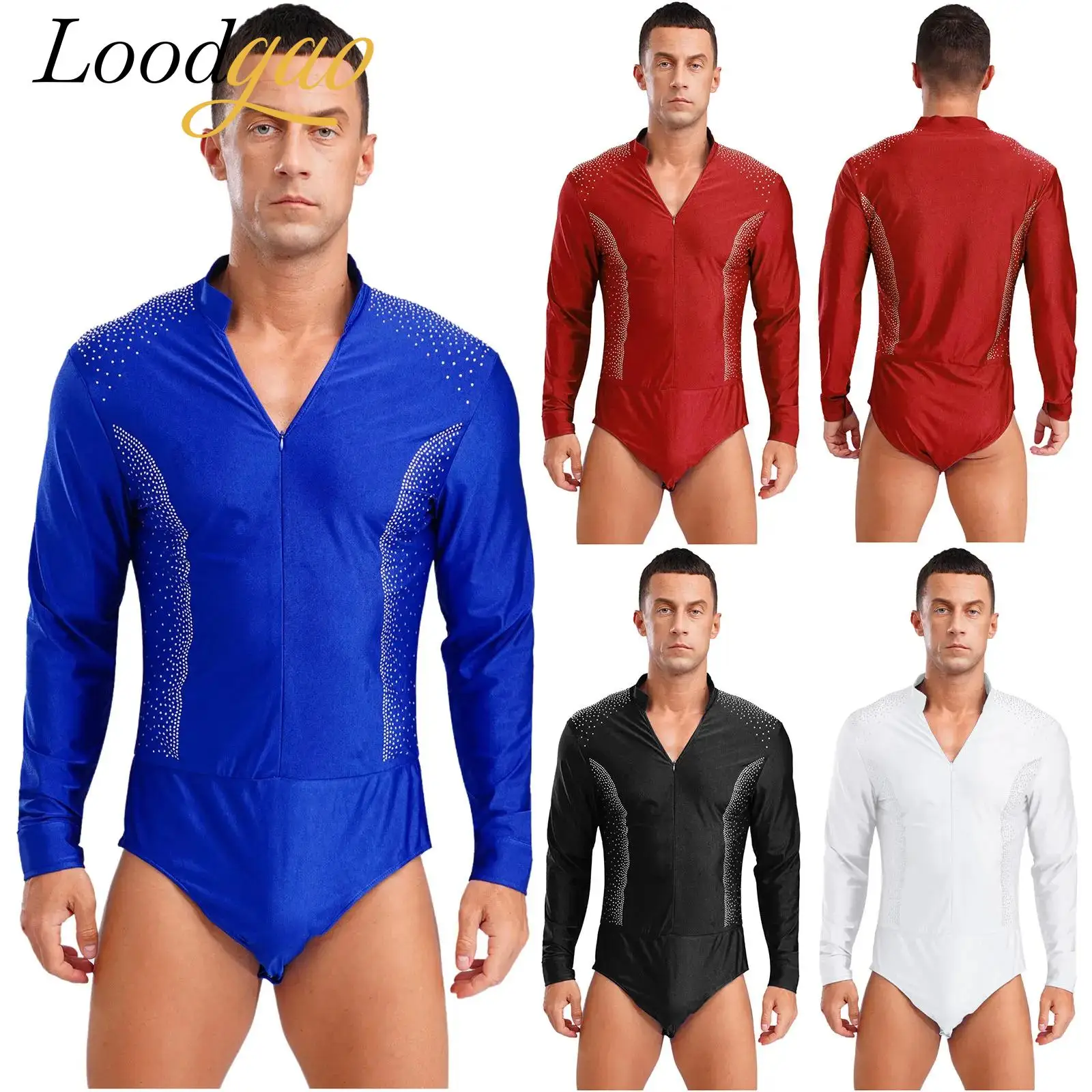 

Men's Latin Dance Leotard Shiny Rhinestone Long Sleeve Bodysuit Shirt V-neck Ballroom Dance Costume Figure Skating Jumpsuit