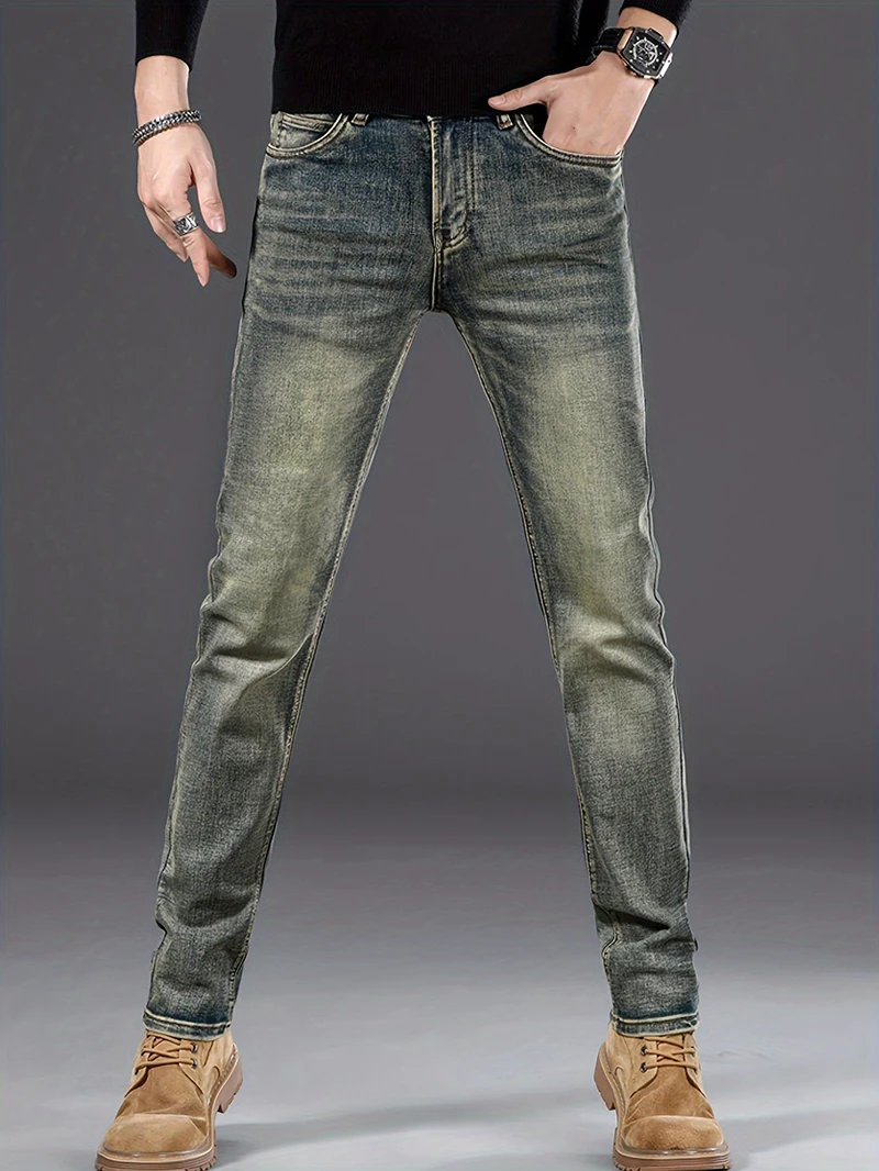 

Весенне-осенние популярные мужские прямые джинсы с эластичностью и различной мастерской, ностальгические синие утягивающие мужские джинсовые брюки