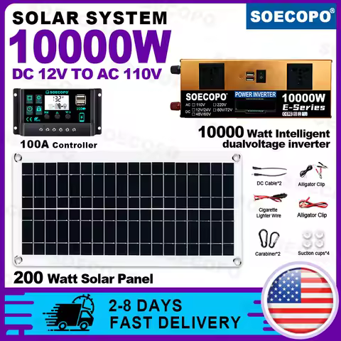 (U.S Stock)SOECOPO 10000W Off-Grid Solar Generator Kit Dual Volt 110V Inverter 100A Controller 200W Panel Home/Camping/RV House