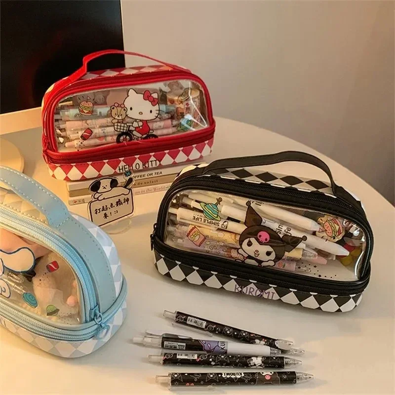 Hello Kitty Stationery Pencil Case MINISO Anime Large Capacity Double Deck Pen Case Kuromi Cinnamoroll Pencil Bag Supplies Kids