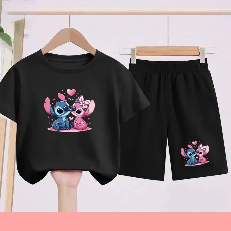 

Disney Anime Stitch Summer New Model Two Piece Set Children T-Shirt Casual 3-12 Age Comfortable Short Sleeve+Shorts Sportswear