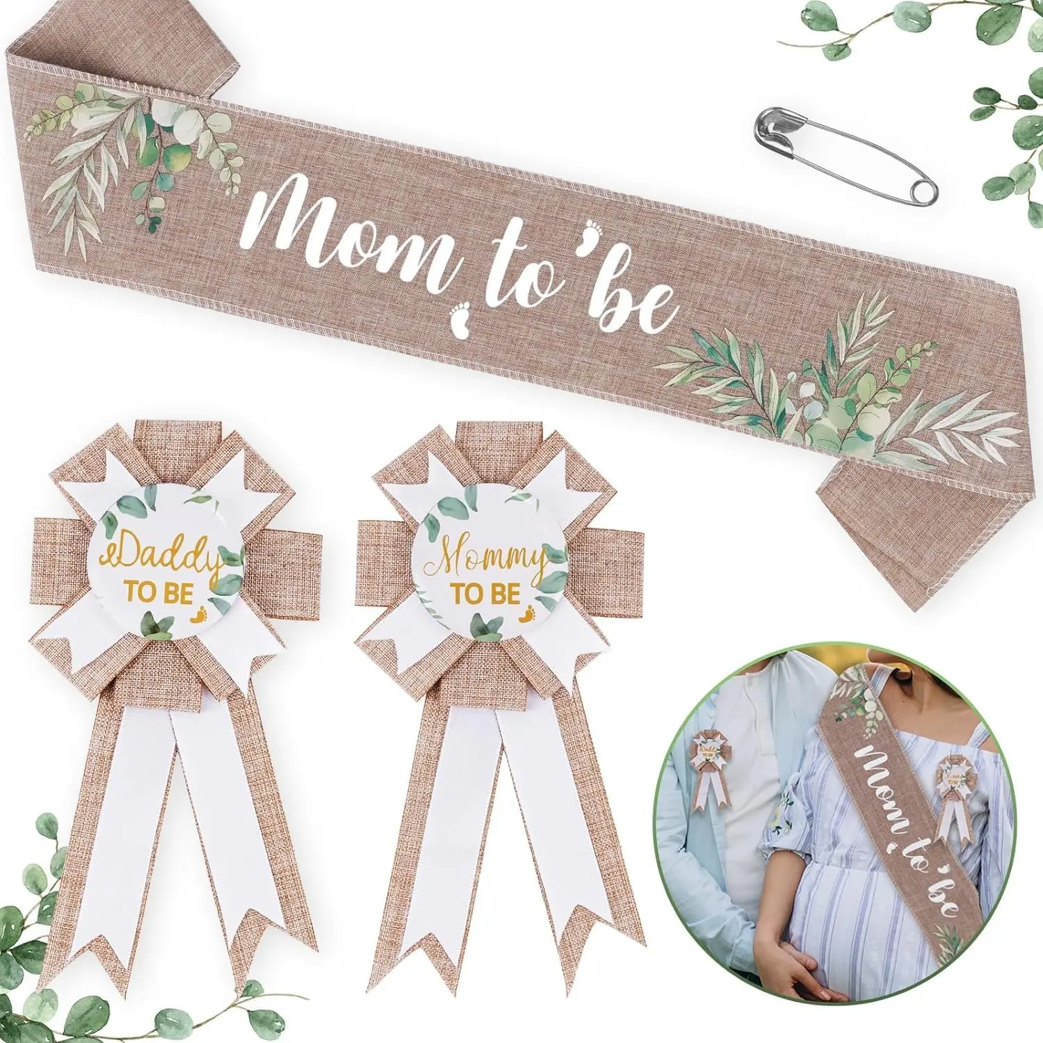 Sage Green Neutral Burlap Mom to Be Sash Dad to Be Pin Set for Gender Reveals Party Decorations for Pregnant Keepsake Gifts