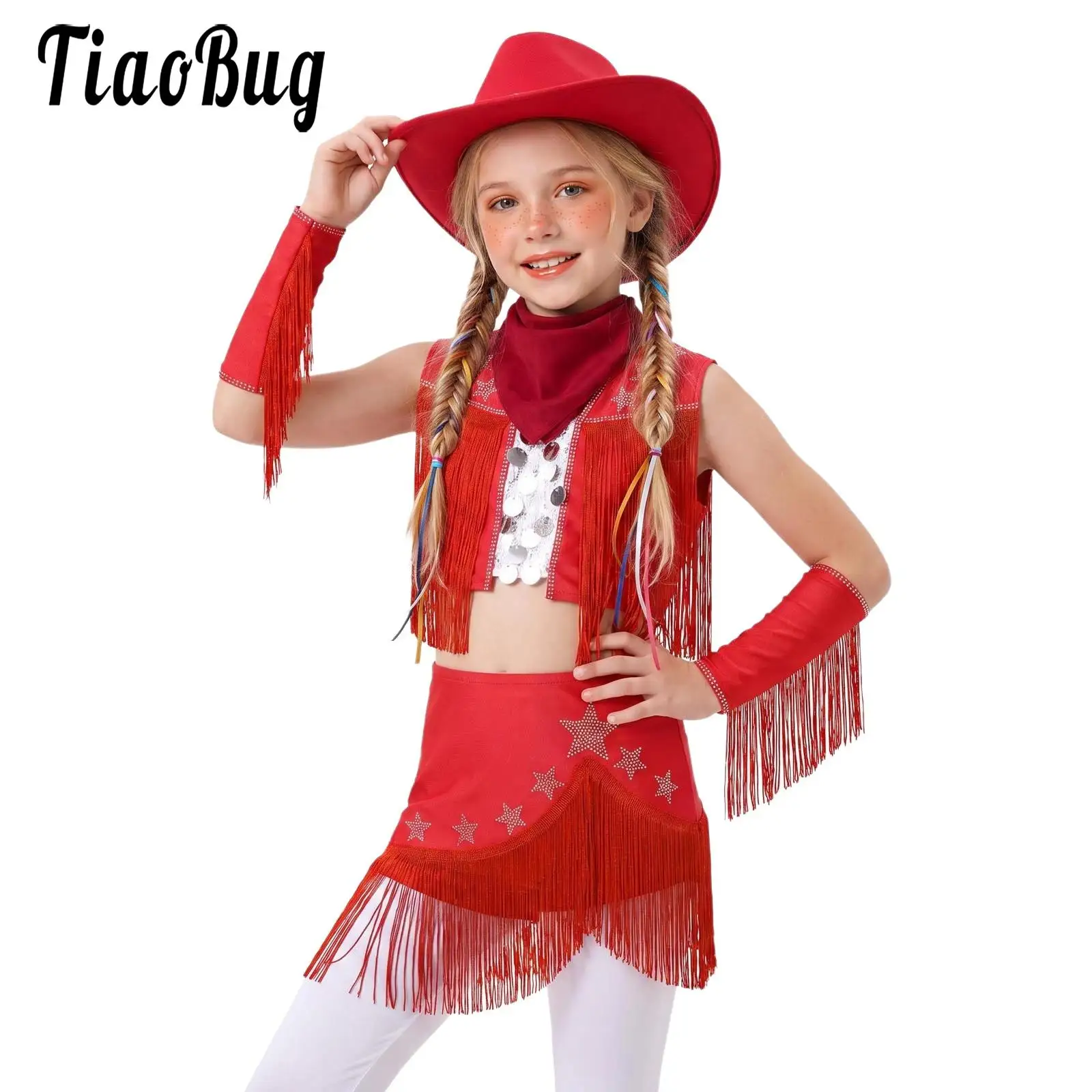Kids Girls Halloween Party Cowboy Cowgirl Costume Set Sleeveless Tassel Vest with Fringed Skirt And Hat Kerchief for Latin Dance