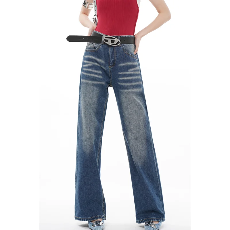 

Blue High Waist Women Jeans Vintage American Fashion Streetwear Wide Leg Design Denim Trouser Slouchy Baggy Straight Denim Pants