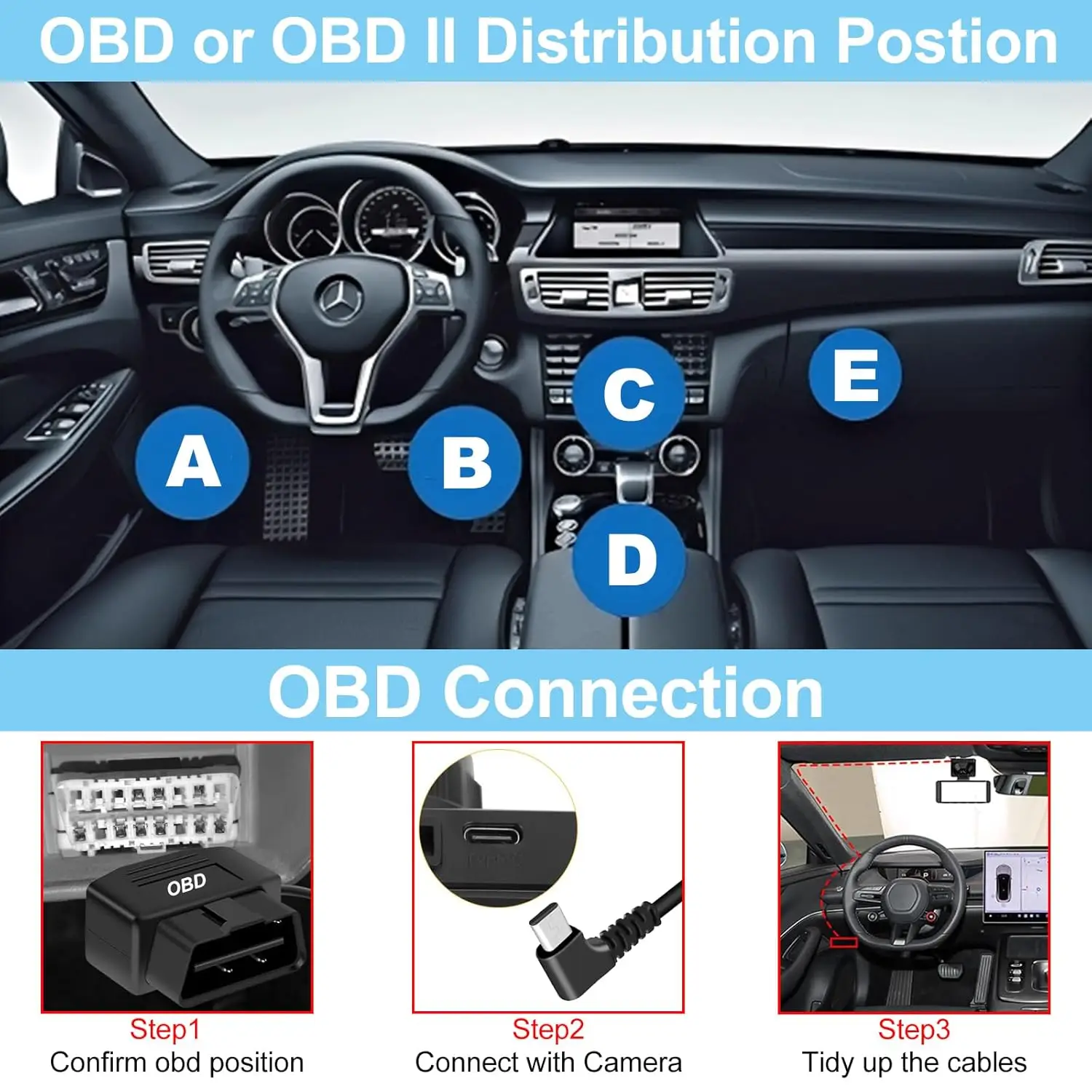 12-24V To 5V/3A OBD To Type C Charger Power Cable For Dash Camera Car DVR 24h Parking Car Accessories Battery Protection