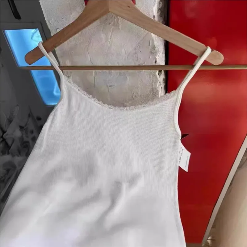 Lace Trim Round Neck Sweet Chic Tank Top Cotton Comfort White Casual Basic Solid Summer Vest Women Y2K Streetwear Crop Tops 2024