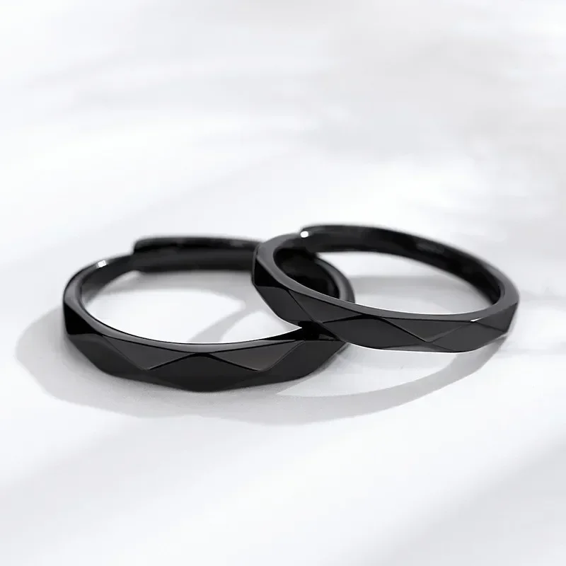 1Pair Black White Lozenge Couple Rings Open Ring for Women Men Adjustable Finger Rings Romantic Lovers Anniversary Jewelry Gift