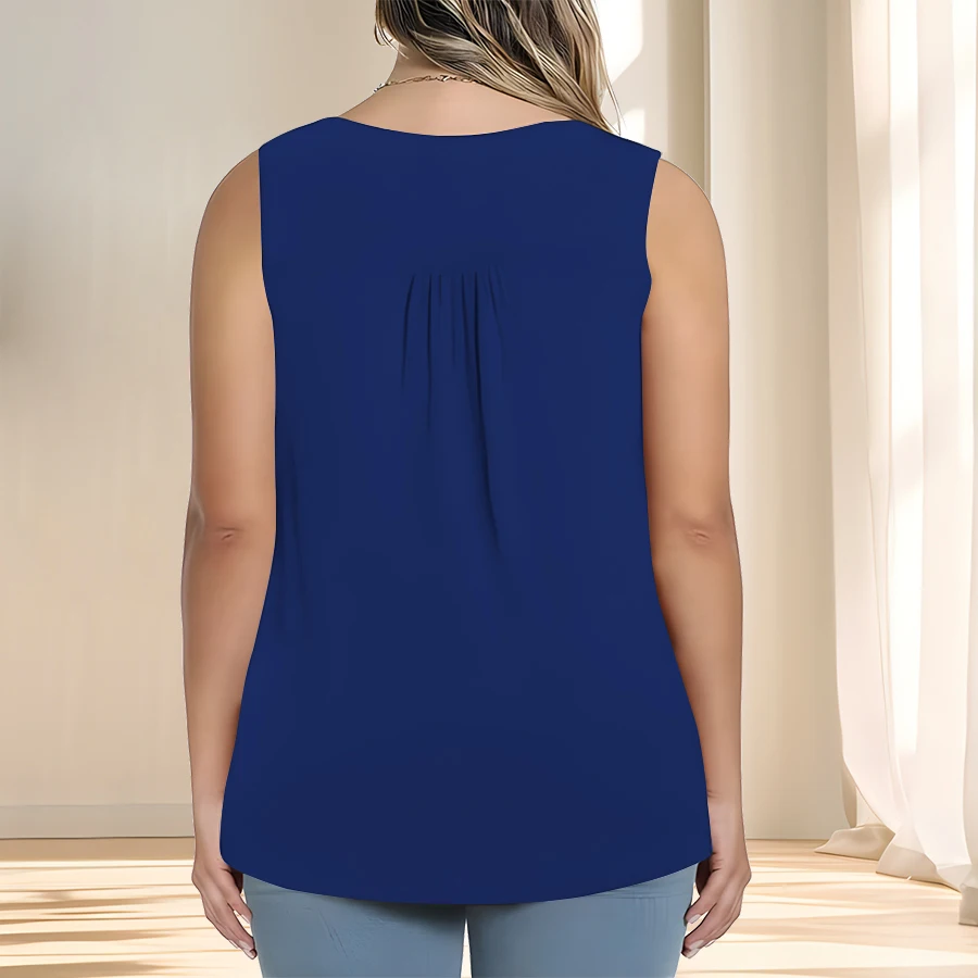 Plus Size Solid Ruched Tank Top, Sleeveless Casual Button Front Notched Neck Top for Summer & Spring, Women's Clothing