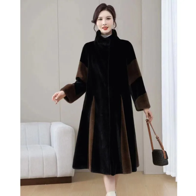 2025 Winter Women's Loose Fitting Mink Fur Patchwork Fashion Faux Fur Coat Women's Thick Mink Fur Long Standing Collar Warm Coat