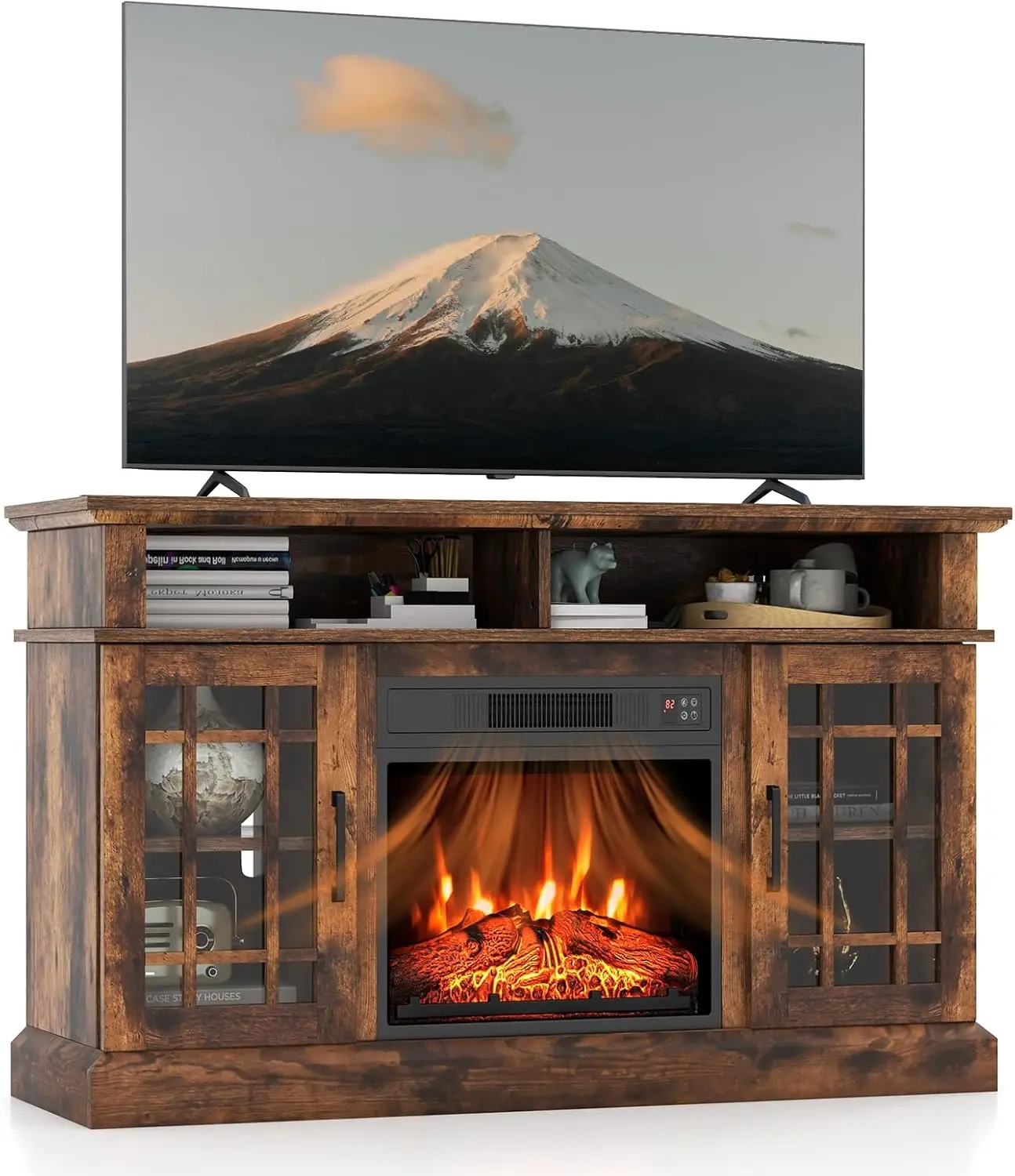 Fireplace TV Stand for 55 TV, 48 Inch Tv Stand with 18 Inch Electric Fireplace Heater, Mondern Tv Console w/Cabinets & Doo